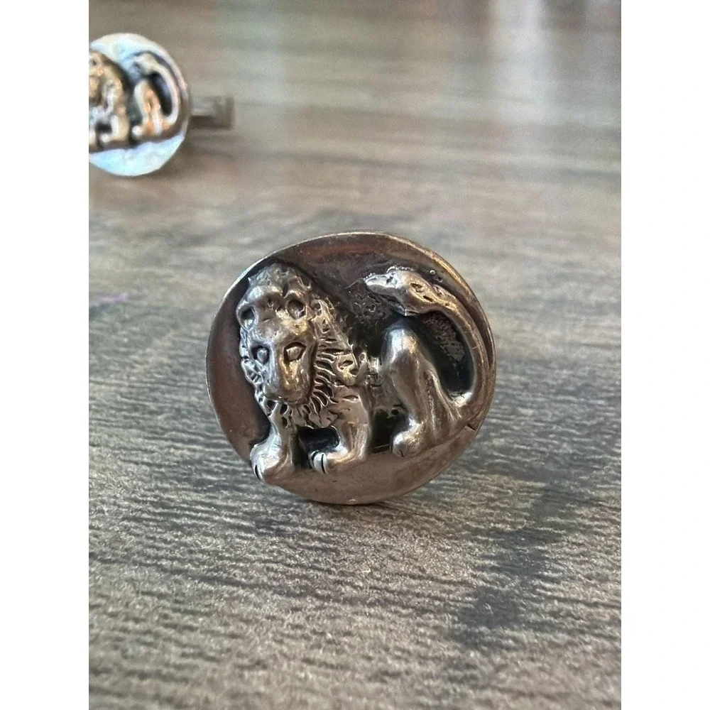 Vintage Oxidized‎ Sterling Silver Relief Lion T-Back Cufflinks